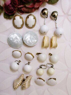 VINTAGE Clip On Earrings Lot: Lucite, Enamel, Milk Glass, Gold-Plate, Silver